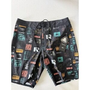 RVCA Trunk Stretch Boardshorts Black With Graphics‎ Size 32 4 Way Stretch